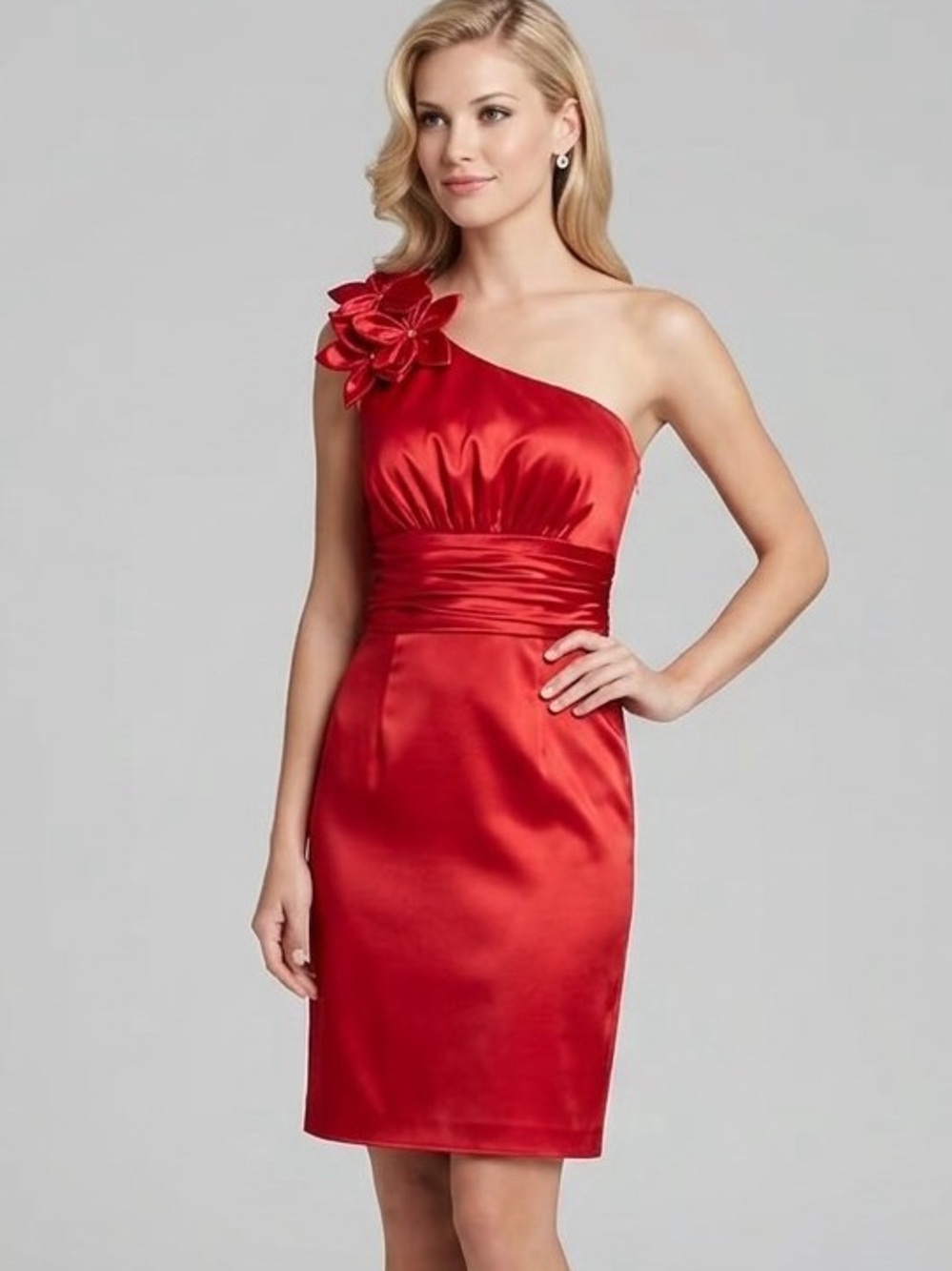 NW Collections Cherry Red Satin One Shoulder Dress with Floral Trim M